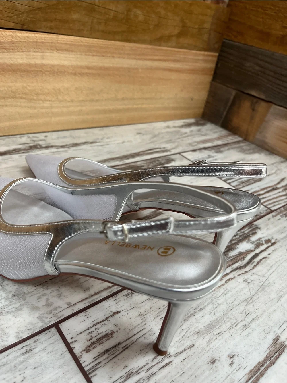 Newbella Womens 8.5 Silver Mesh Pointed Toe Slingback Heels 3